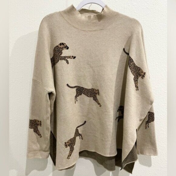 Entro Oversized Cheetah Tan Sweater Contemporary Soft Mock Neck Shabby Chic - Picture 1 of 7